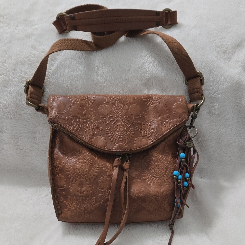 THE SAC Brown Embossed Leather Crossbody Bag